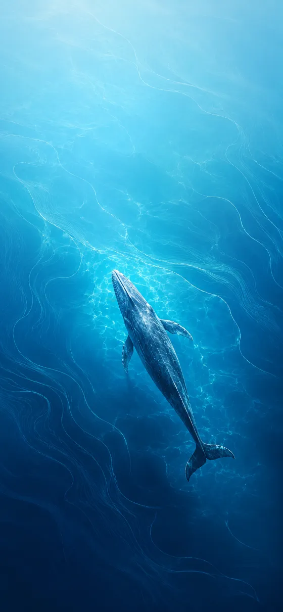 Top-down view of a blue whale swimming through luminous turquoise water with flowing contour-inspired currents.