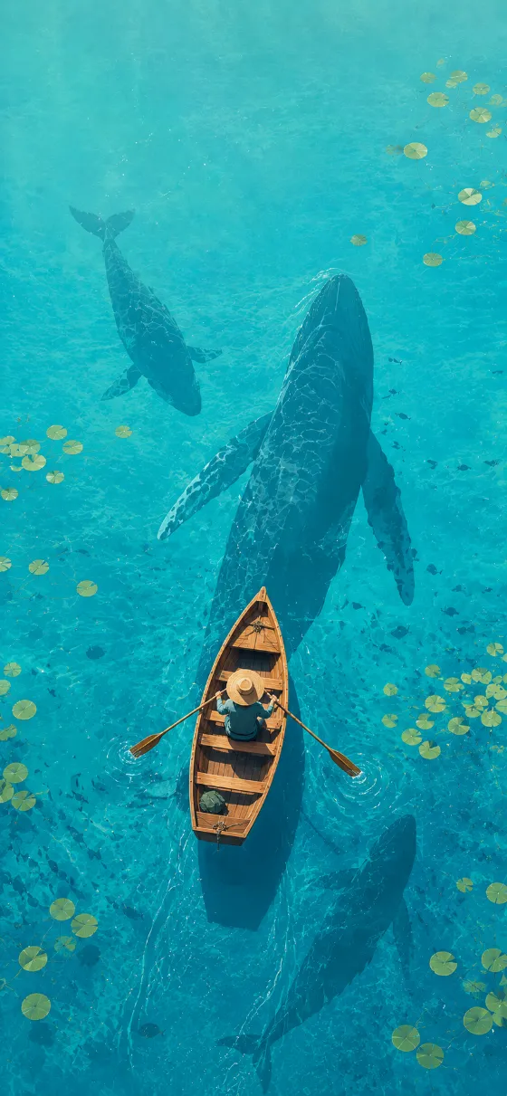 Top-down illustration of a wooden rowboat floating above giant whales in clear blue water.