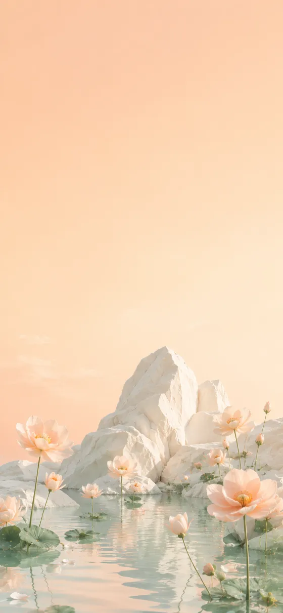 Pastel blossoms surrounding luminous white rocks reflected in calm water beneath a soft peach sky.