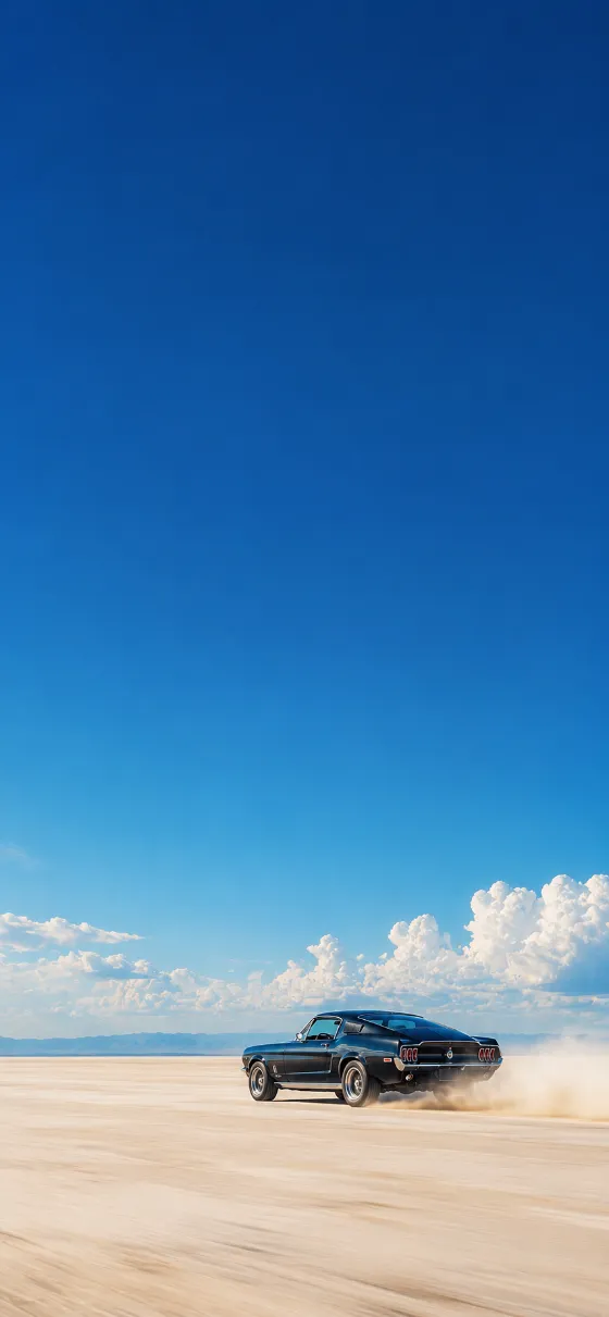 Classic dark muscle car driving across a minimalist landscape beneath a vast blue sky with white clouds.