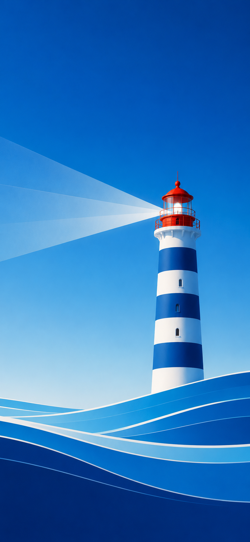 Minimal striped lighthouse with sweeping light beams above stylized blue ocean waves.