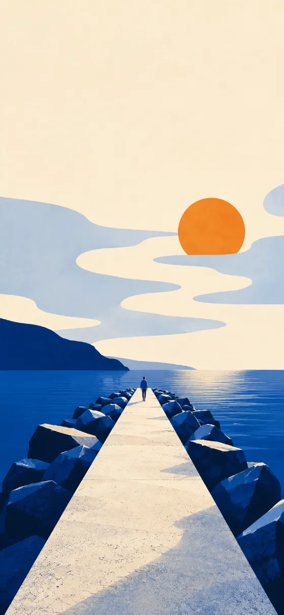 Minimal blue coastal pier stretching into the ocean beneath stylized clouds and an orange sun with a lone walking figure.