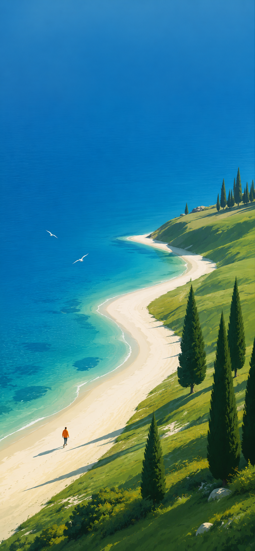 Minimal aerial coastal illustration showing a blue sea, curving sandy shoreline, green hills, cypress trees, and a lone walker.
