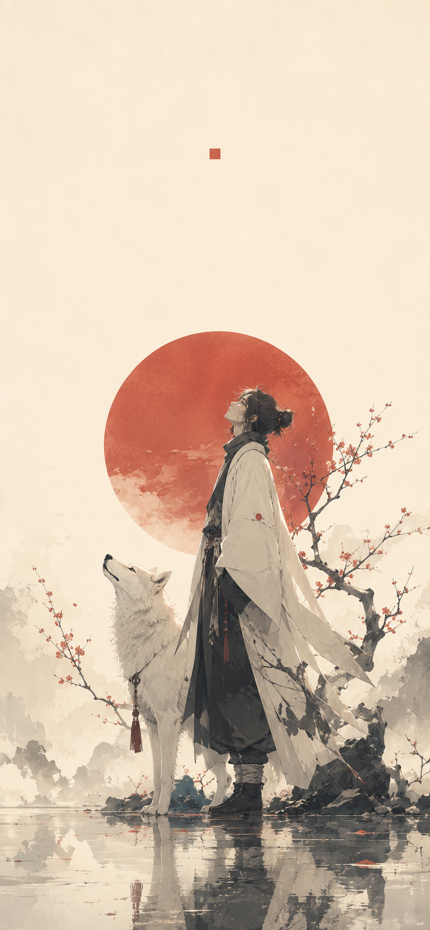 Minimal fantasy illustration of a robed traveler standing beside a white wolf beneath a large muted crimson sun on a warm ivory background.