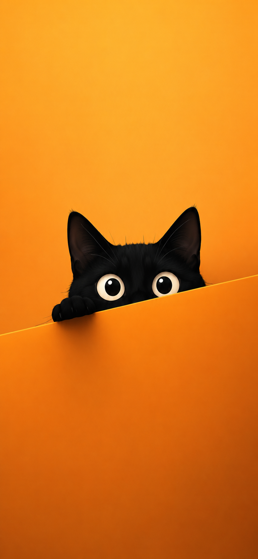 Minimal black cat peeking over a diagonal edge on a warm orange background for an iPhone wallpaper.