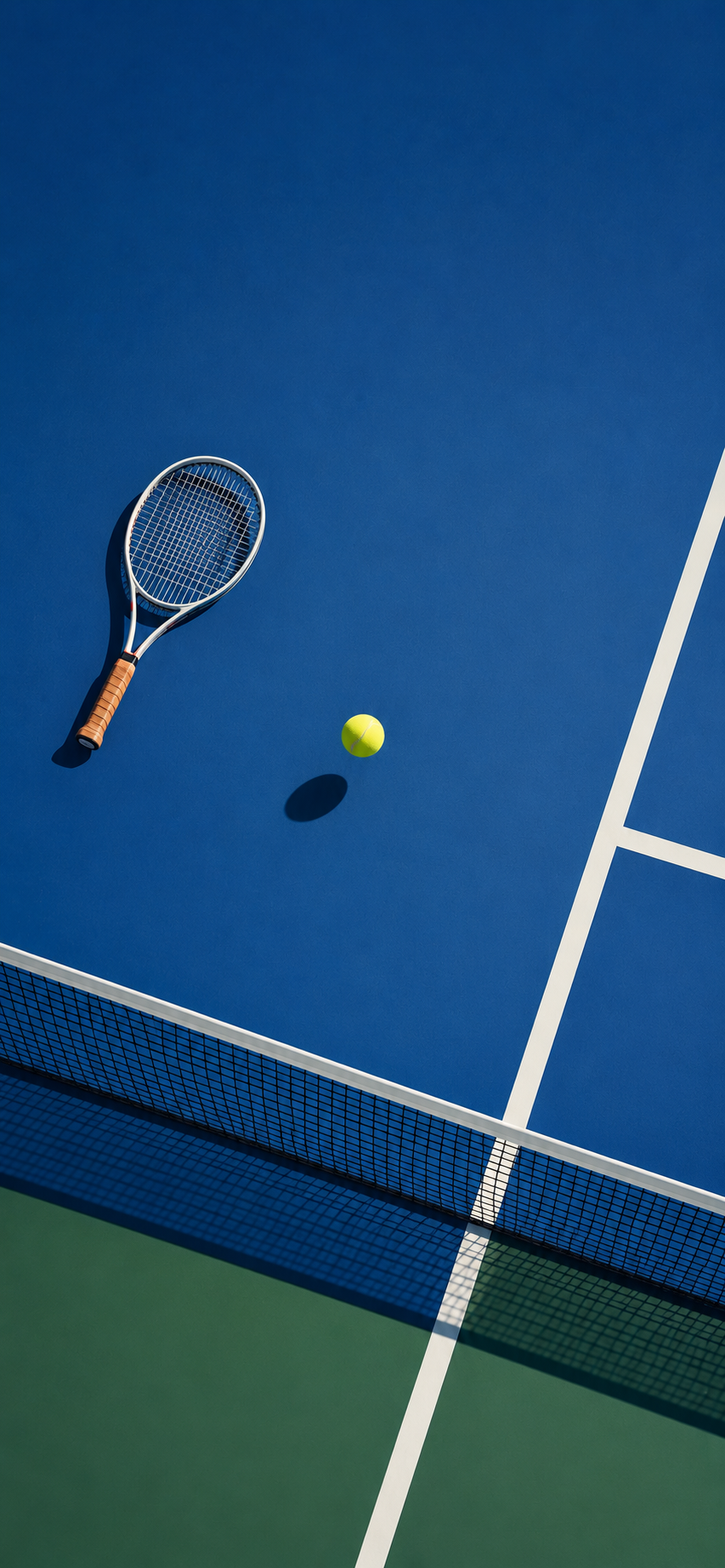 Top-down minimalist tennis court with a racket, tennis ball, and clean geometric lines.