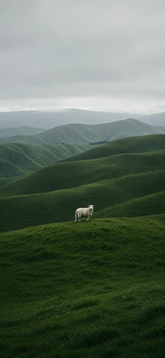 A lone white sheep standing among layered emerald-green rolling hills beneath a soft gray sky.