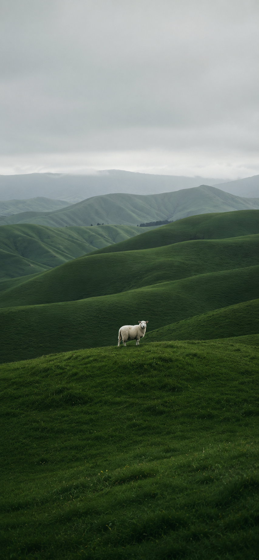 A lone white sheep standing among layered emerald-green rolling hills beneath a soft gray sky.