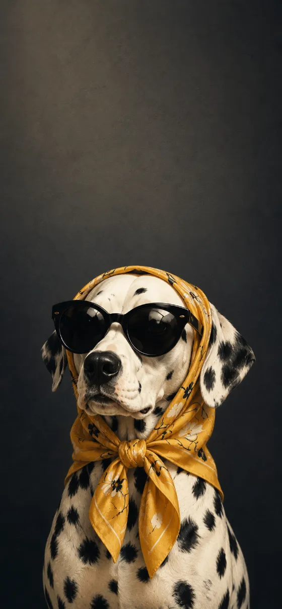 Illustrated Dalmatian wearing black sunglasses and a yellow patterned scarf against a minimalist dark background.