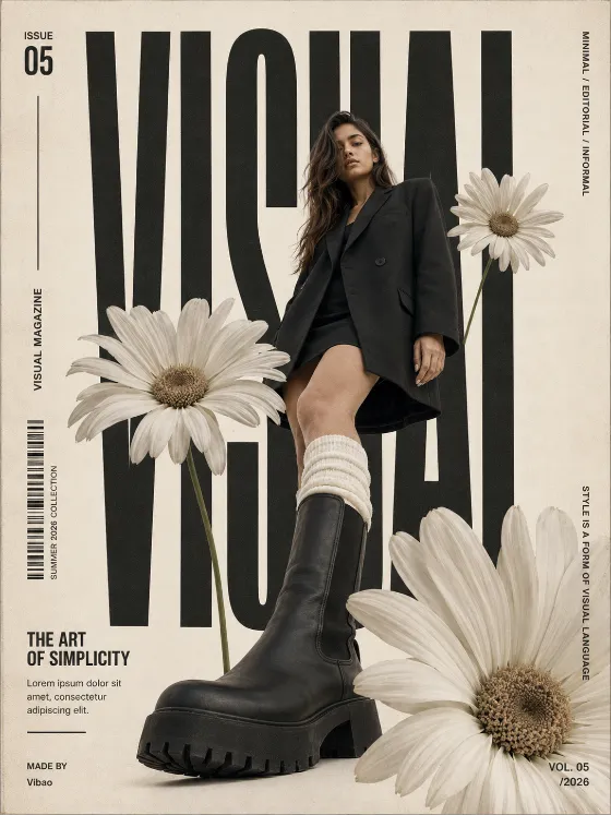 Vertical fashion editorial showing a model in black tailoring and large platform boots surrounded by oversized white daisies.