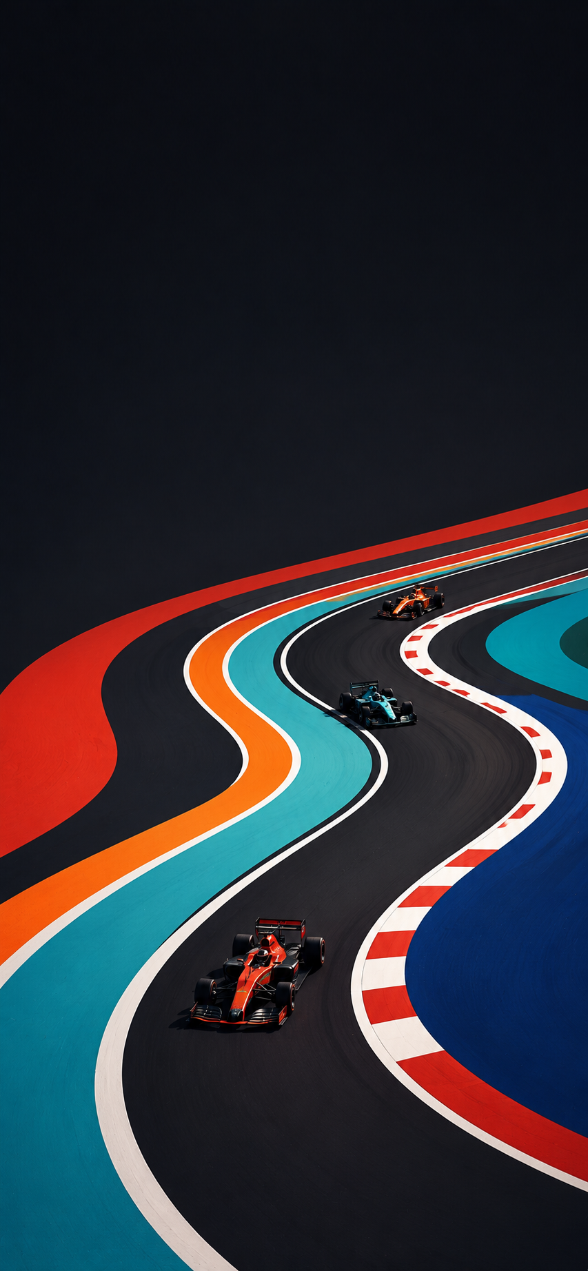Top-down geometric racing circuit with colorful flowing track lines and minimalist race cars.