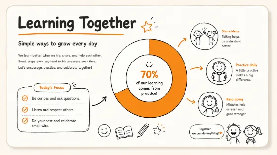 Warm educational slide design with hand-drawn doodles, rounded white card layout, and simple orange accent details.