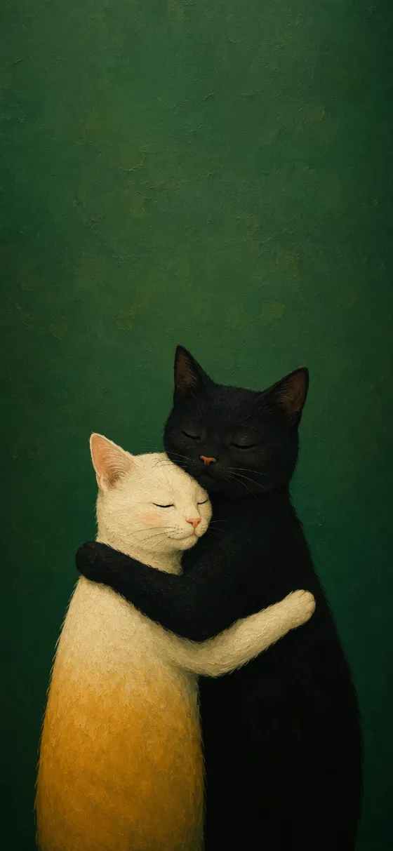 Minimal hand-painted illustration of a white and black cat embracing on a textured green background.