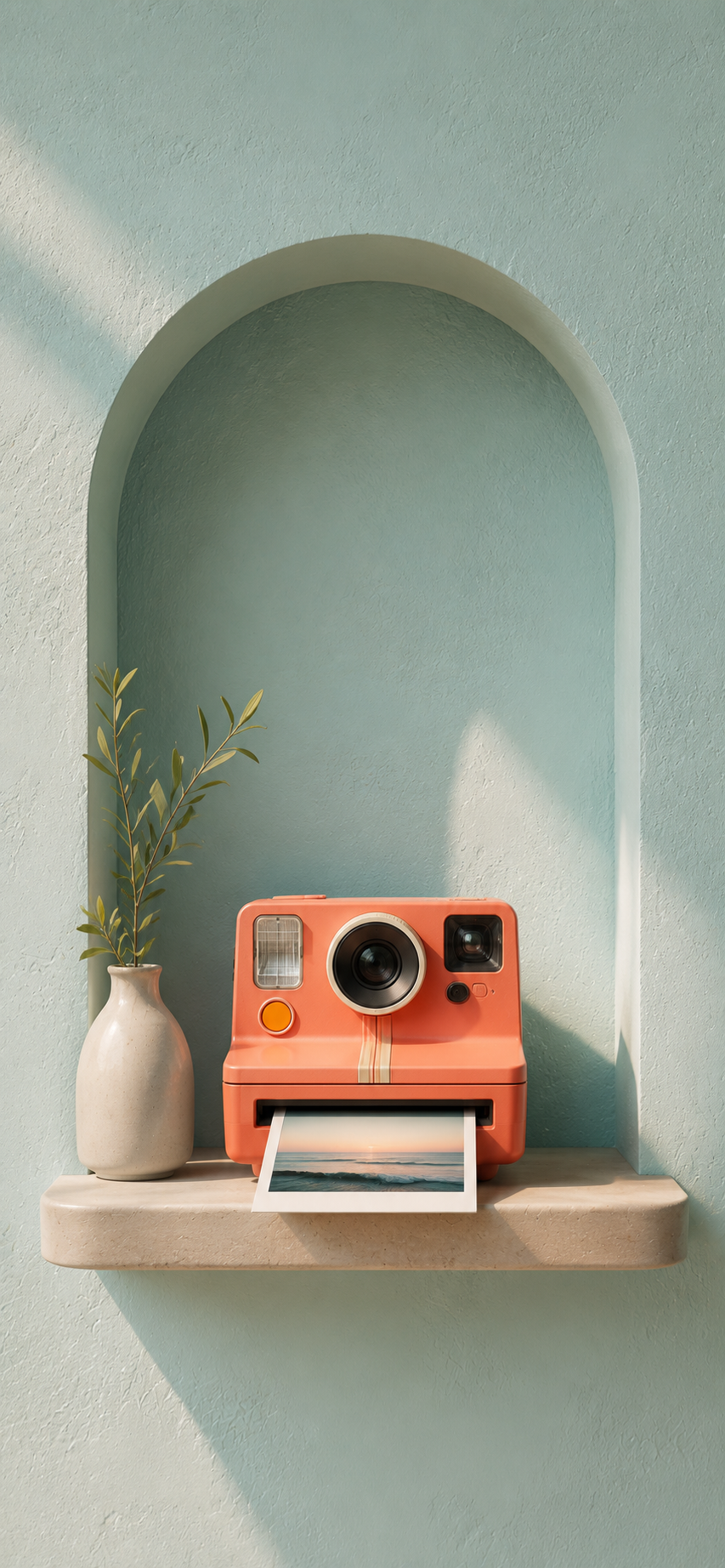 A coral instant camera resting inside a pastel blue architectural niche with an instant emerging.