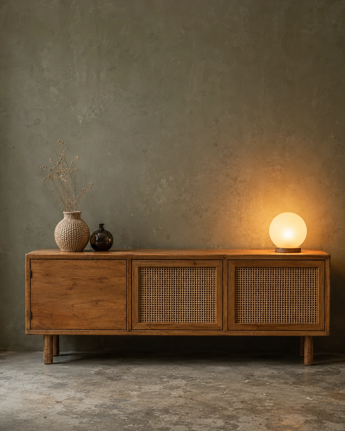 Warm wooden sideboard with woven cane doors, neutral vases, dried stems, and a glowing frosted globe lamp on a concrete floor.