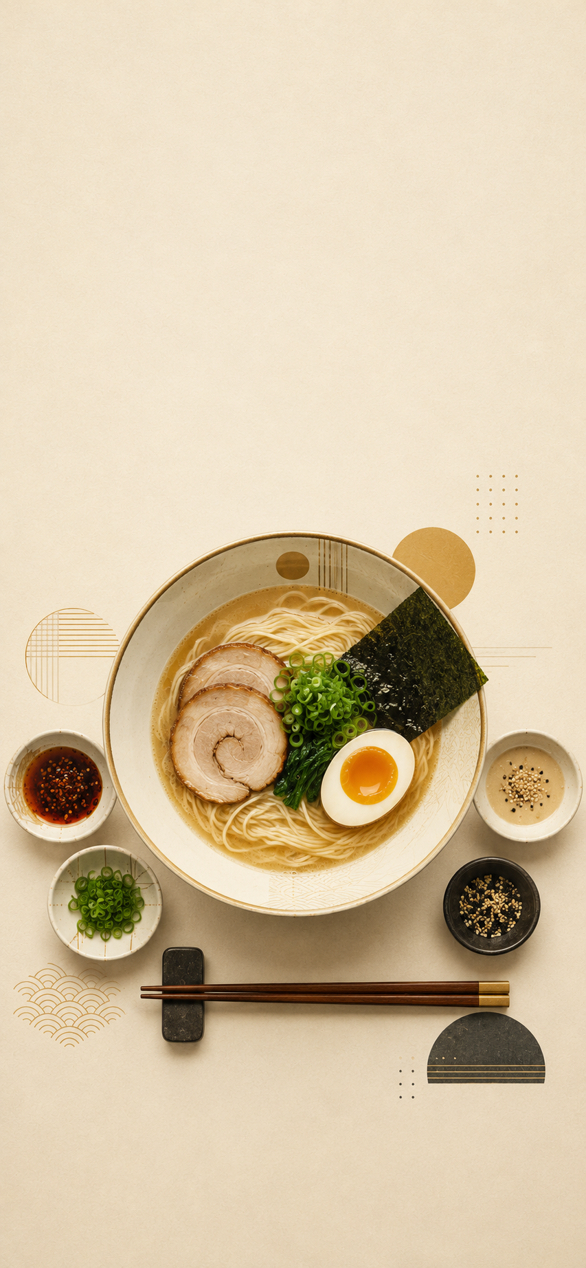 Minimal editorial illustration of a ramen bowl with chopsticks on a warm ivory background.