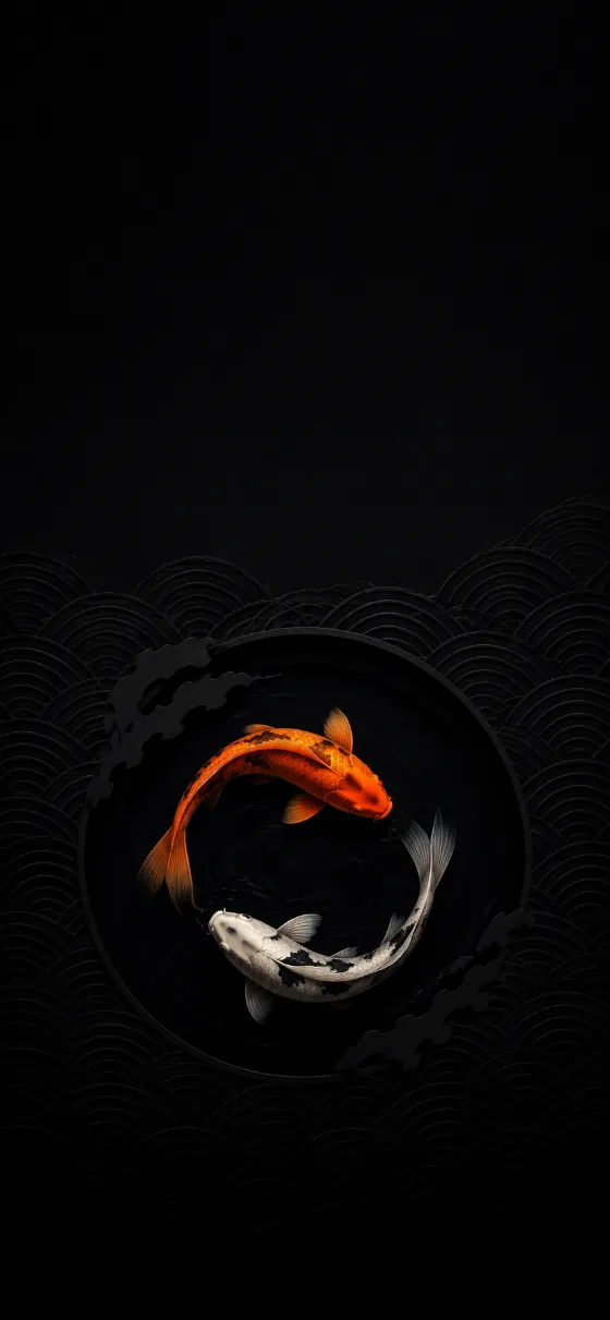 Two minimalist koi fish circling in a dark pond against a subtle black wave pattern background.