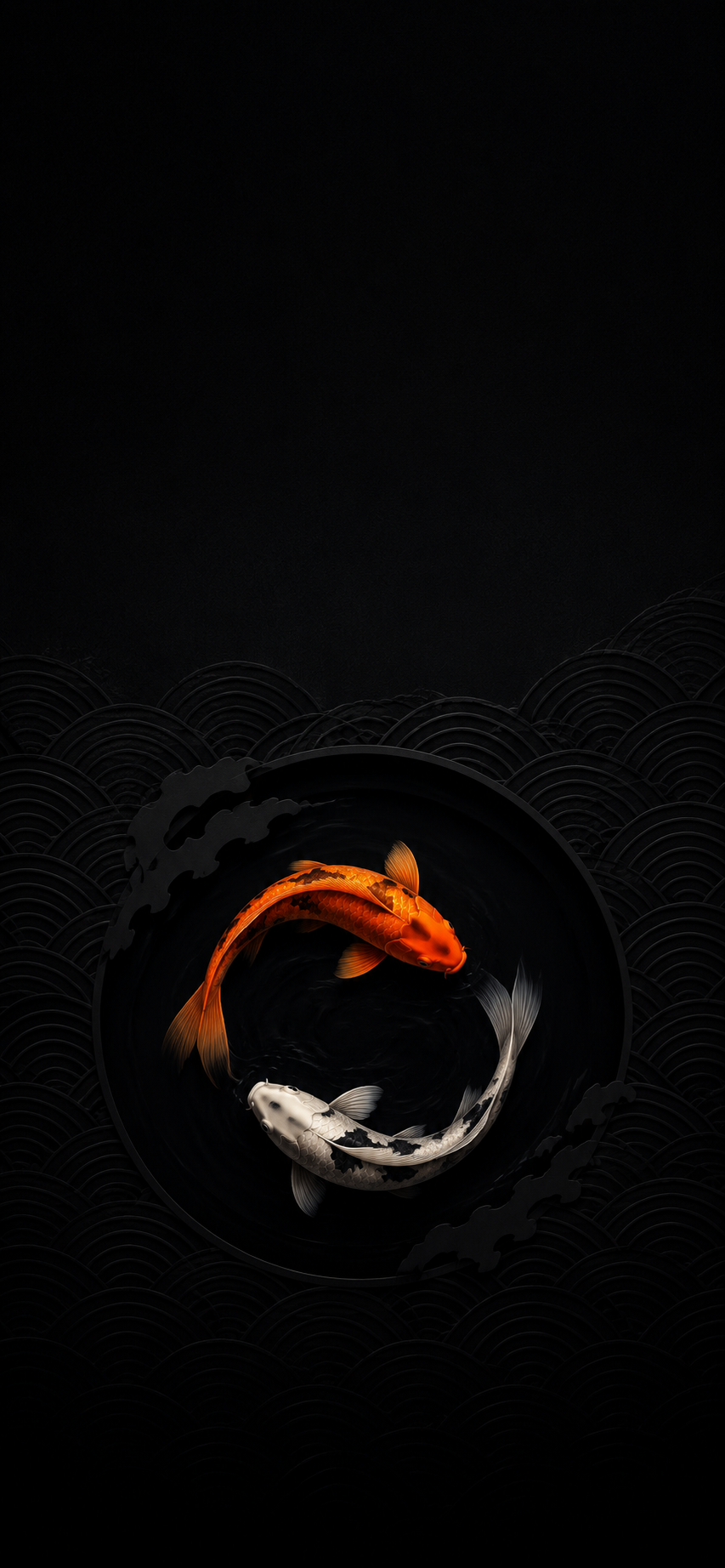 Two minimalist koi fish circling in a dark pond against a subtle black wave pattern background.