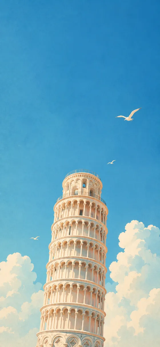 Minimal illustration of the Leaning Tower of Pisa against a vivid blue sky with soft white clouds and birds.