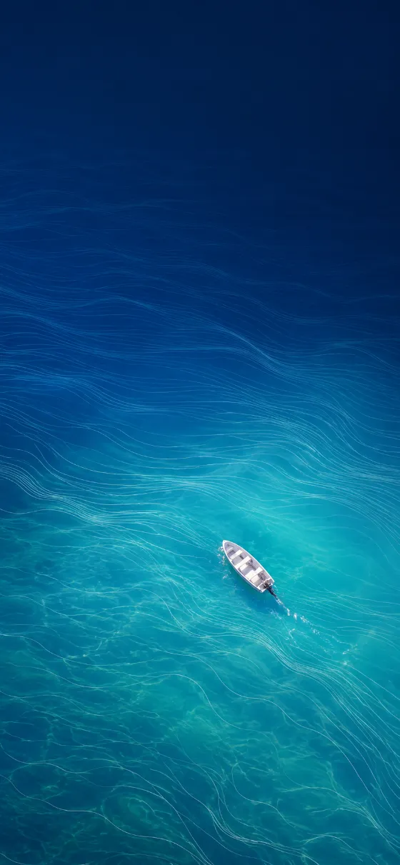 Small white boat floating on stylized turquoise ocean with contour-line waves.