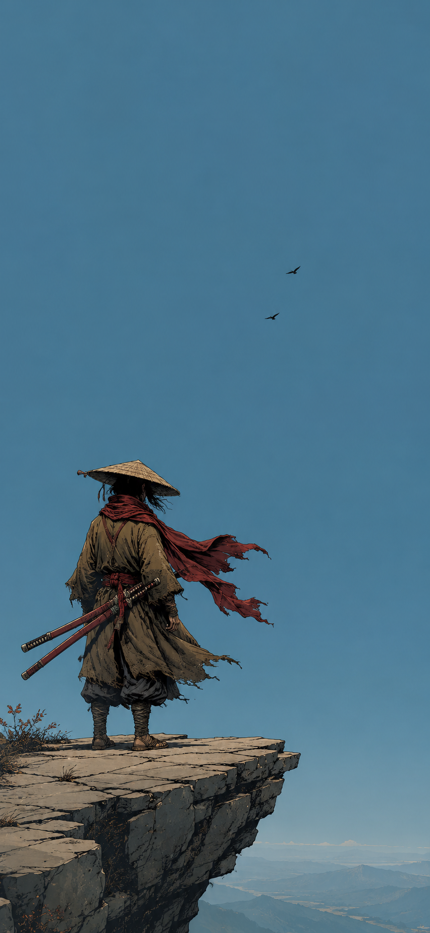 A lone samurai wearing a straw hat stands on a rocky cliff beneath a large blue sky.