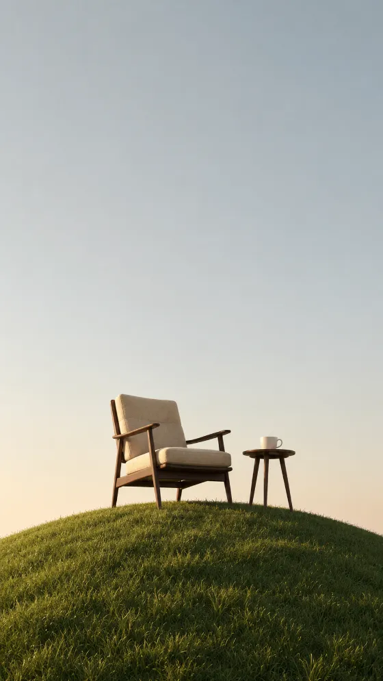 Minimal lounge chair and small side table with a cup on a green hill beneath a vast empty sky.