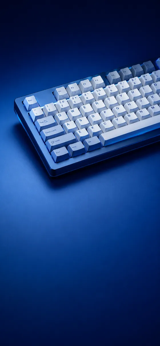 Minimal mechanical keyboard with white keycaps on a deep blue gradient background viewed from an isometric angle.