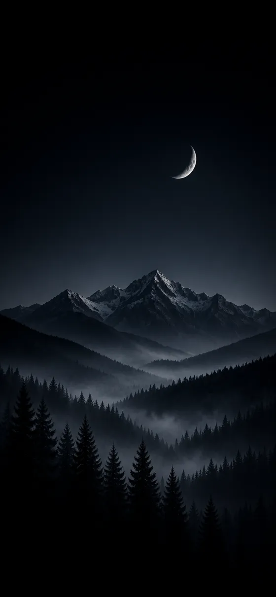 Minimal dark mountain landscape with crescent moon above misty evergreen forest.