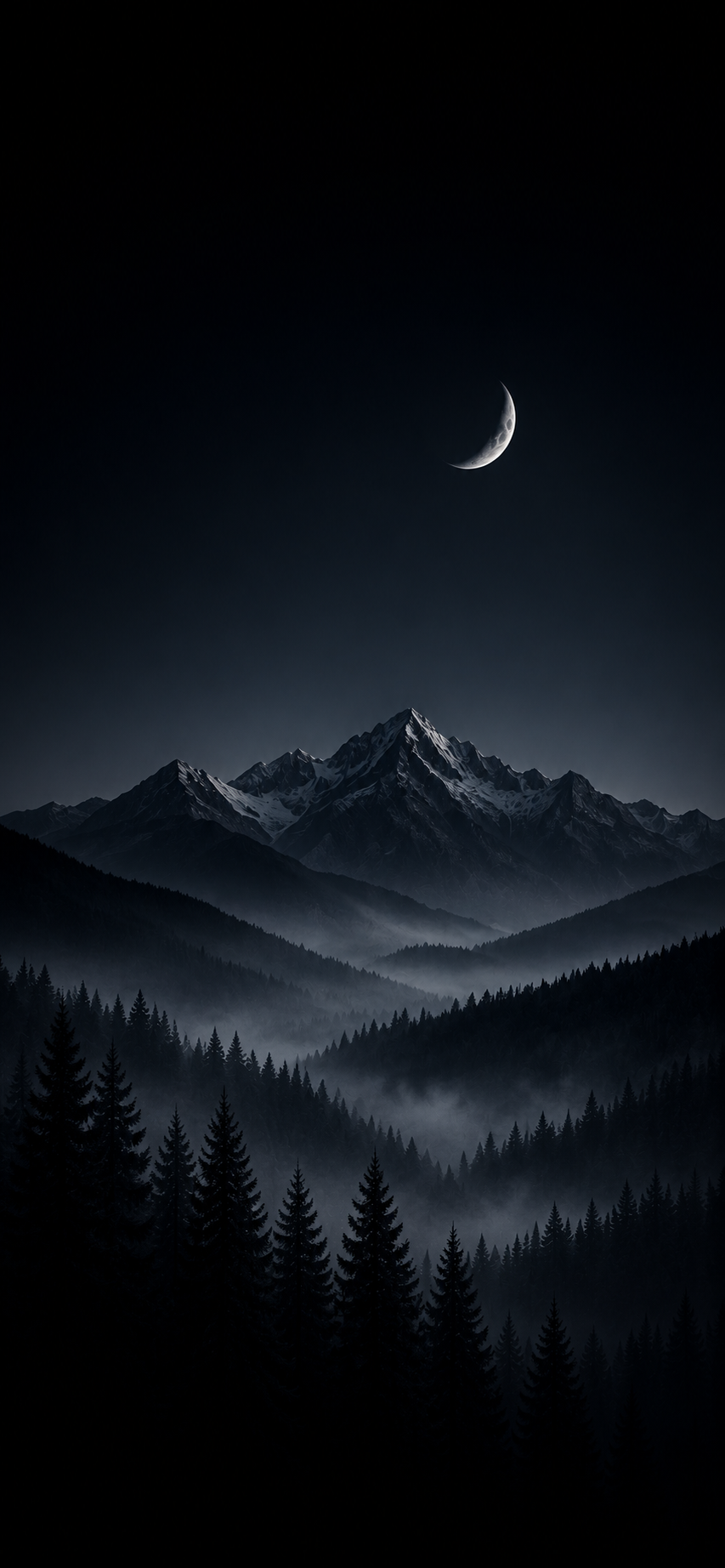 Minimal dark mountain landscape with crescent moon above misty evergreen forest.