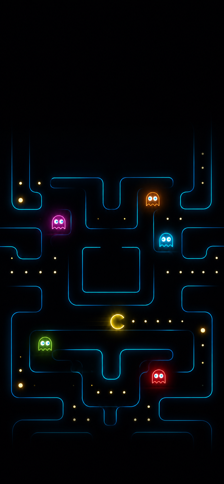 Minimal glowing maze with colorful arcade-inspired characters on a black background.