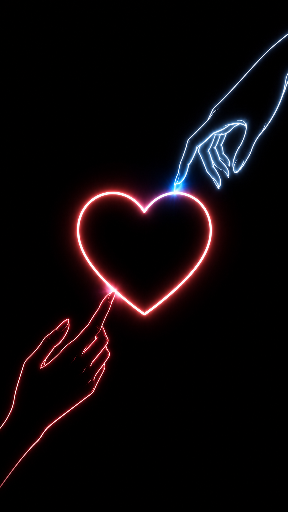 Minimal black wallpaper with two neon outline hands touching a glowing white heart with a soft halo.
