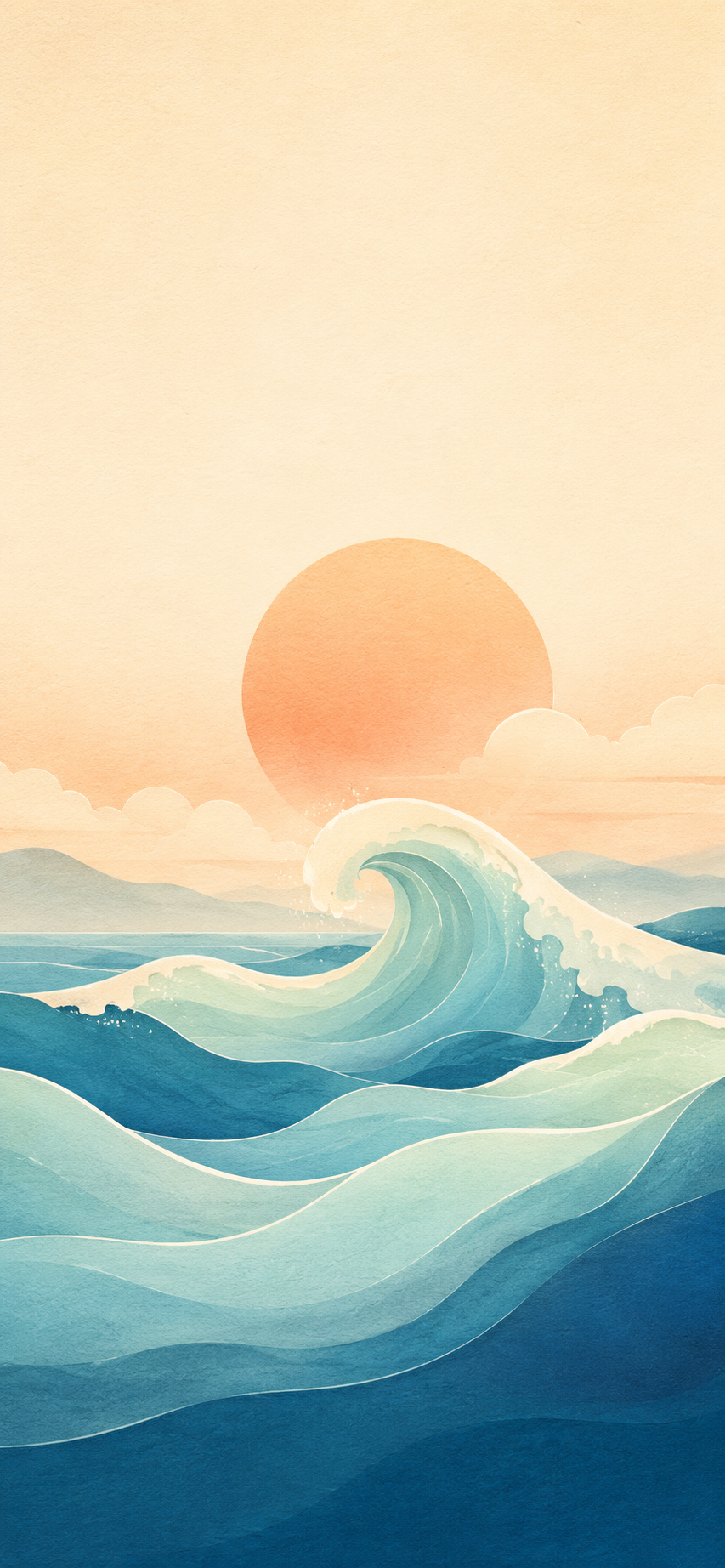 Minimal illustrated ocean waves beneath a warm sunrise with soft paper texture and calming pastel colors.
