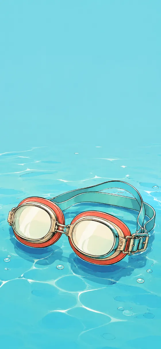 Illustrated vintage swimming goggles resting in calm aqua water with bubbles and large clean blue background.
