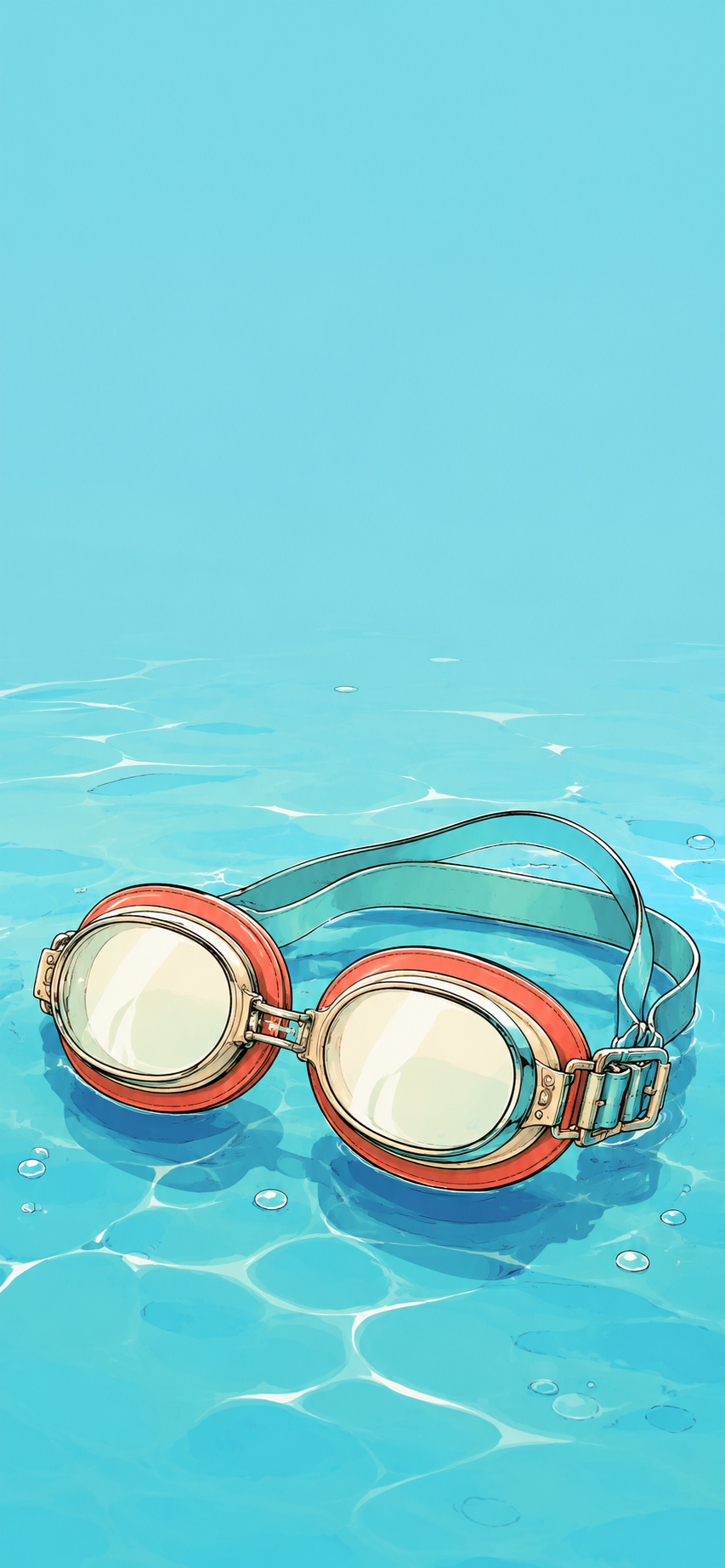Illustrated vintage swimming goggles resting in calm aqua water with bubbles and large clean blue background.