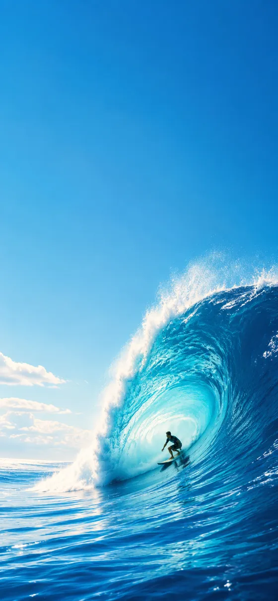 A lone surfer riding a giant blue ocean wave beneath a clear sky in a minimalist painterly style.