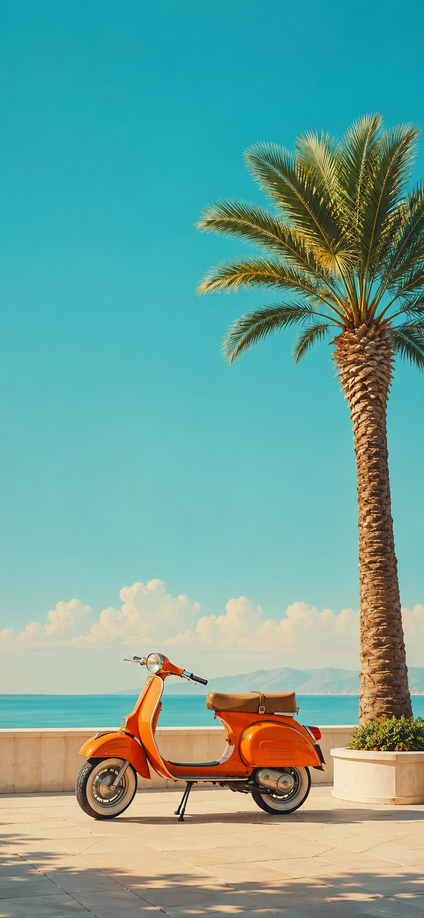 Minimal illustration of an orange scooter beneath a palm tree against a turquoise sky.