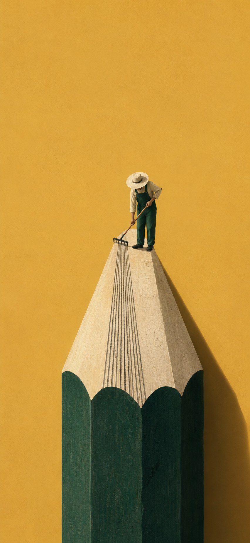 Minimal illustration of a gardener raking the sharpened tip of a giant green pencil on a warm ochre background.