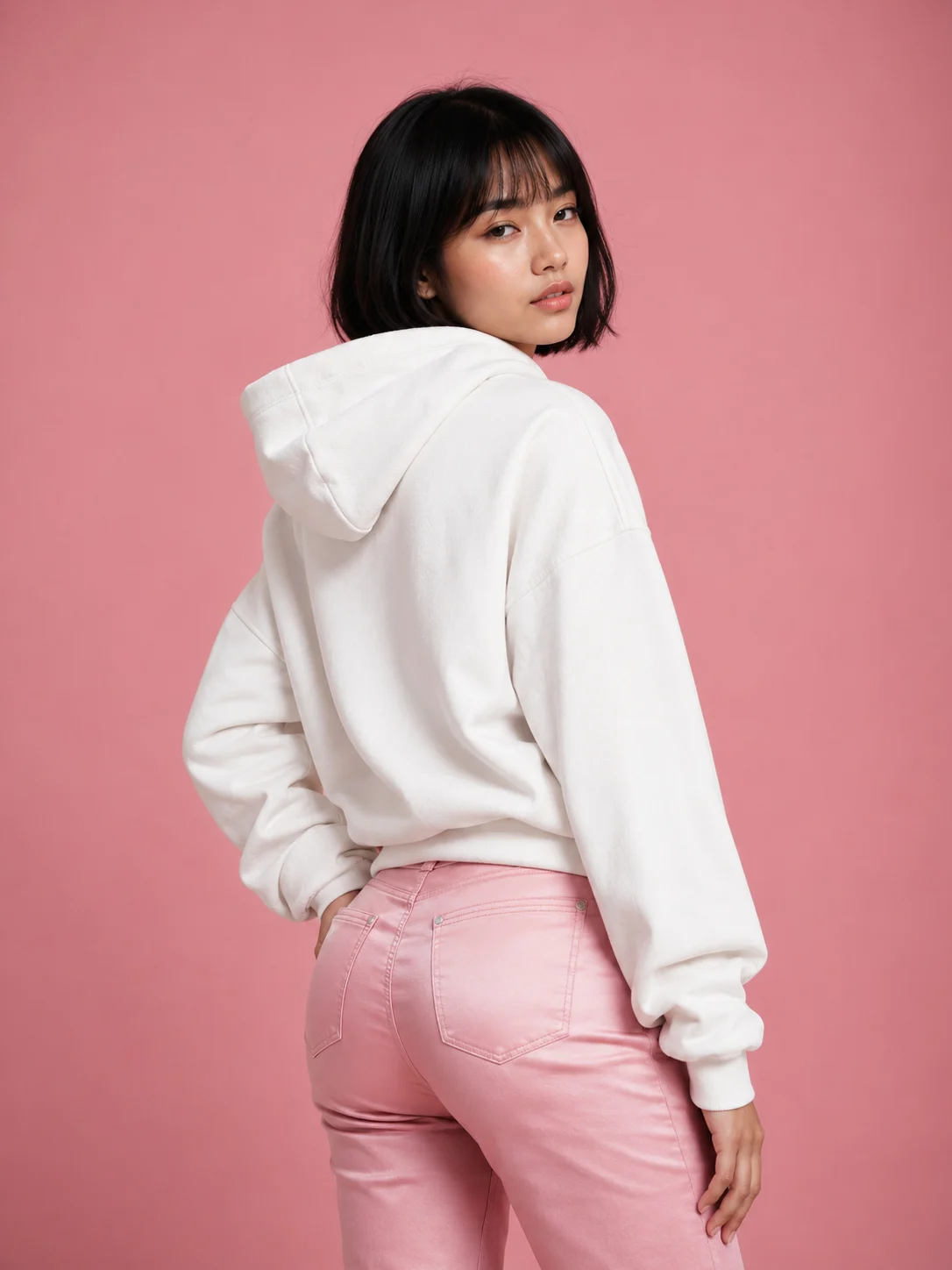 Over-the-shoulder studio fashion portrait with a white hoodie, fitted pink jeans, black bob haircut and matte pink background.