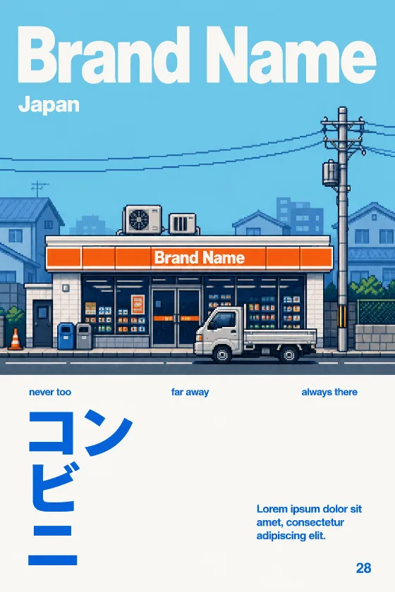 Retro pixel-art convenience store poster in cyan, white, orange, navy, and cobalt with a parked utility truck and oversized typography.