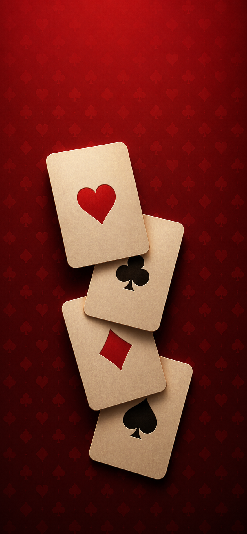 Minimal illustration of four playing cards arranged vertically over a deep red patterned background.