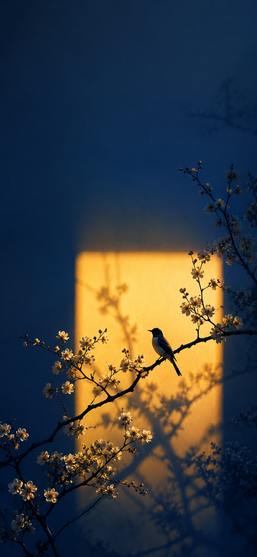 Minimal silhouette of a bird perched among plum blossoms against a glowing golden window on a deep blue background.