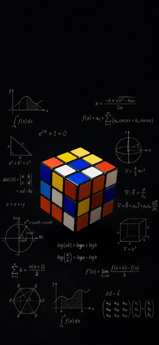 Colorful puzzle cube surrounded by elegant mathematical equations on a black background.