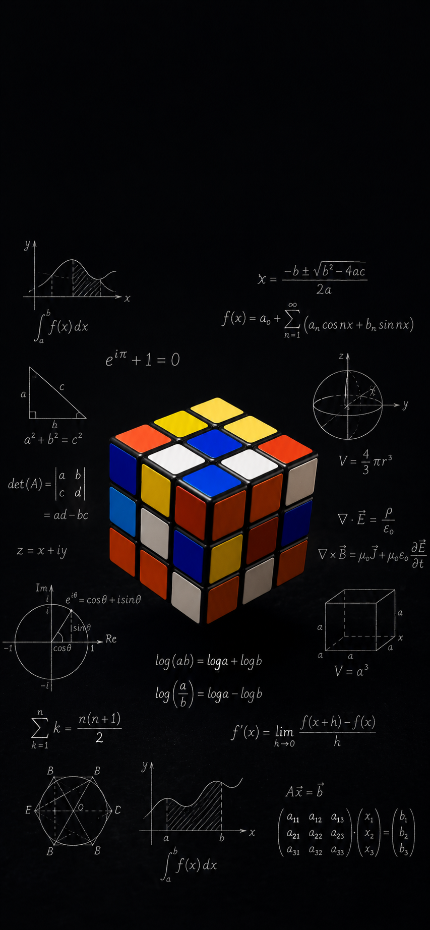 Colorful puzzle cube surrounded by elegant mathematical equations on a black background.