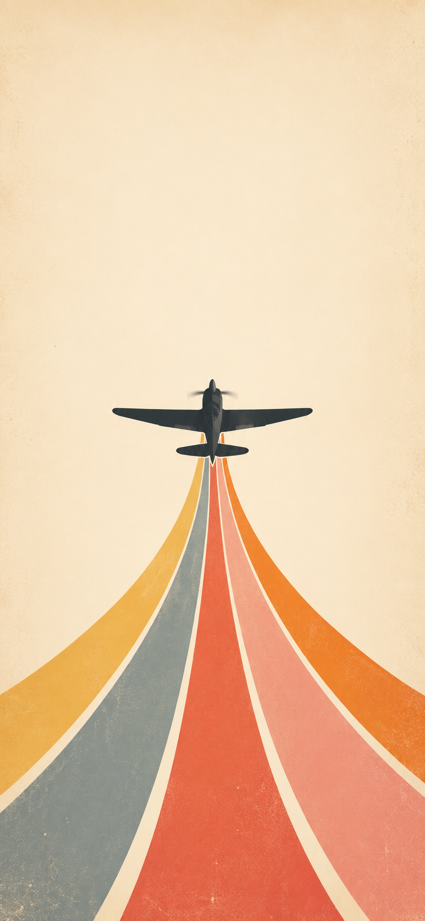 Minimal vintage airplane silhouette flying upward above colorful retro ribbon trails.