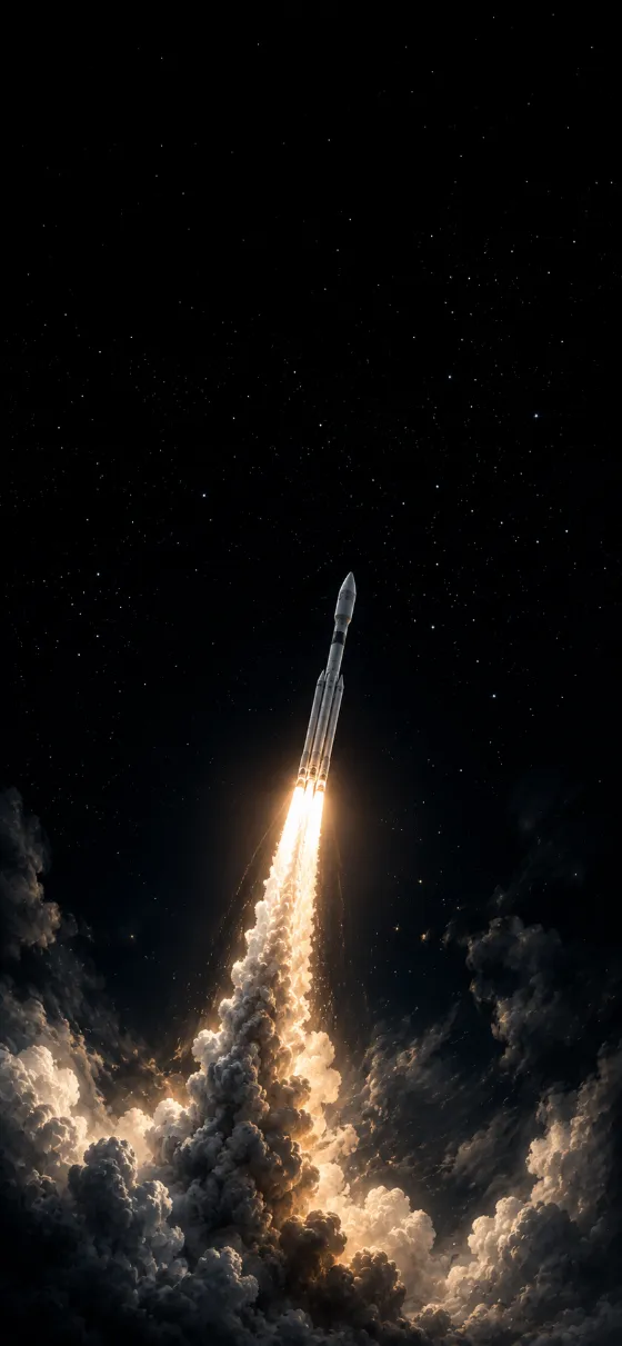 Minimal rocket launching into a dark star-filled sky with illuminated smoke plume.