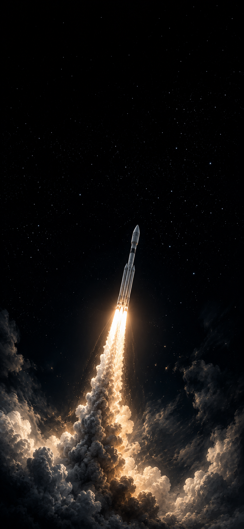 Minimal rocket launching into a dark star-filled sky with illuminated smoke plume.