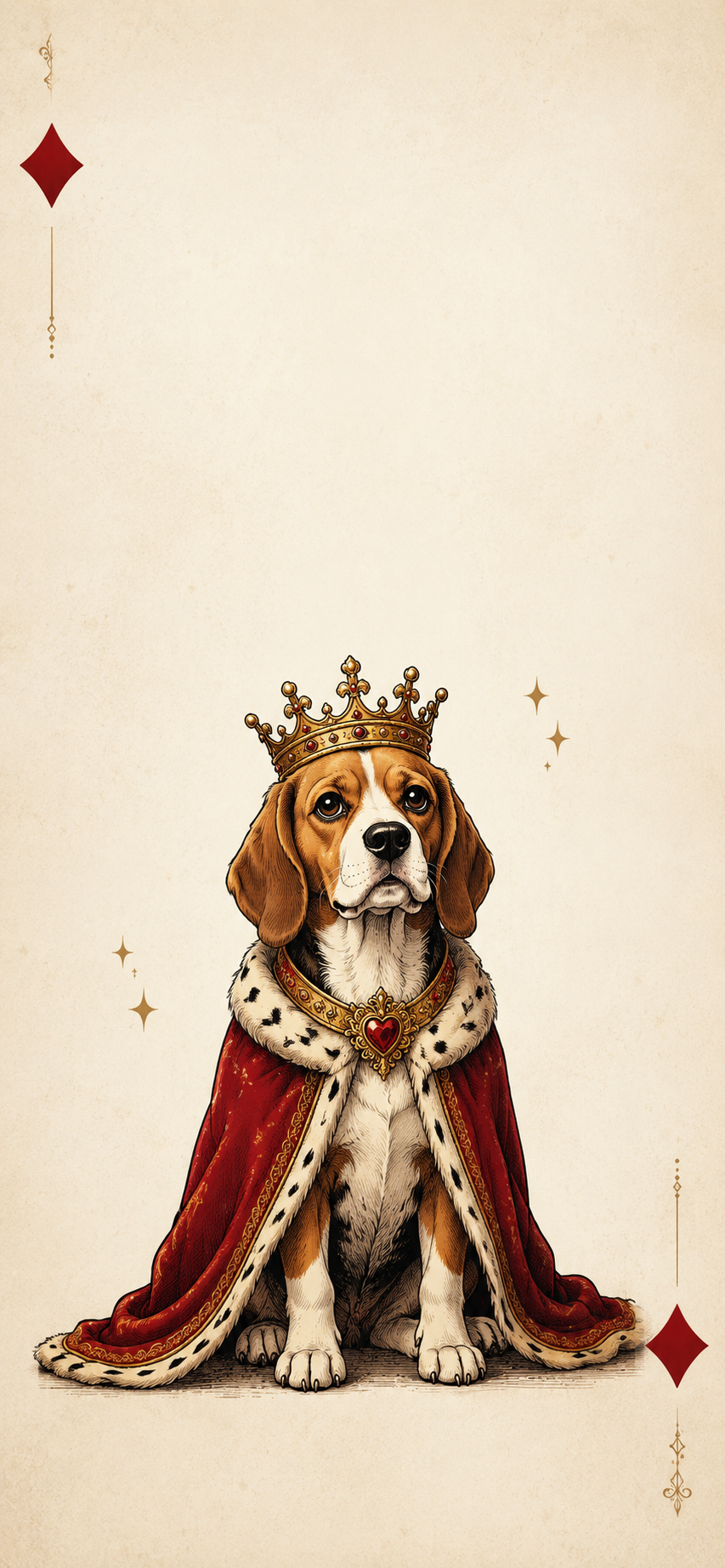 Minimal illustration of a crowned cartoon beagle wearing a royal robe on a warm ivory background.