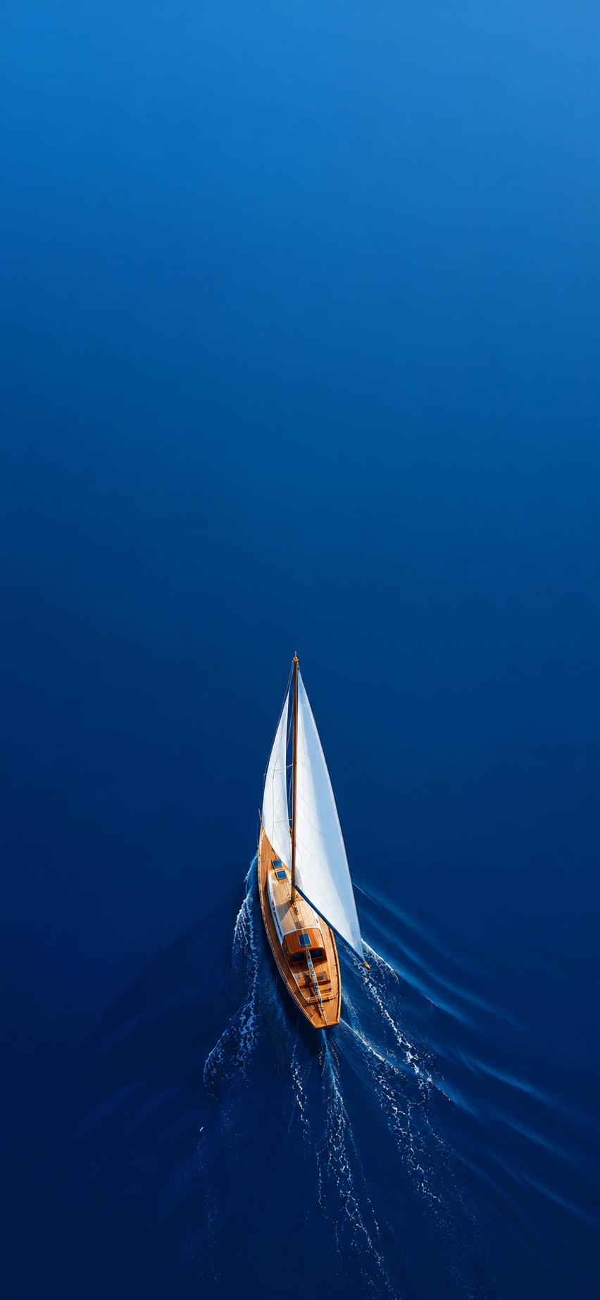 Top-down illustration of a wooden sailboat with white sails on a calm blue ocean.