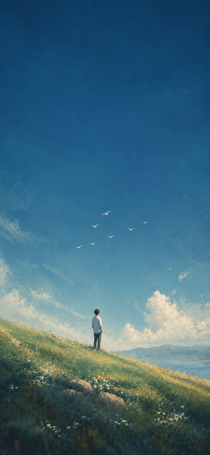 Minimal painterly landscape with a lone person standing on a grassy hillside beneath a deep blue sky.