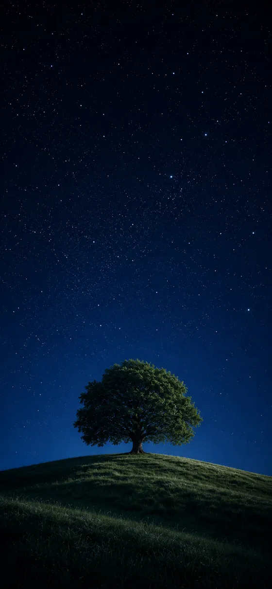 A solitary tree on a grassy hill under a star-filled night sky with moonlight.